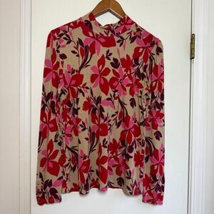 Women's Beige Floral Print Mock Neck Long Sleeve Top with Gold Button Cuffs